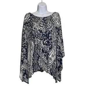 Joseph Ribkoff Women's Blue Paisley Poncho Top Size 6 Sequins Maximalist Chic